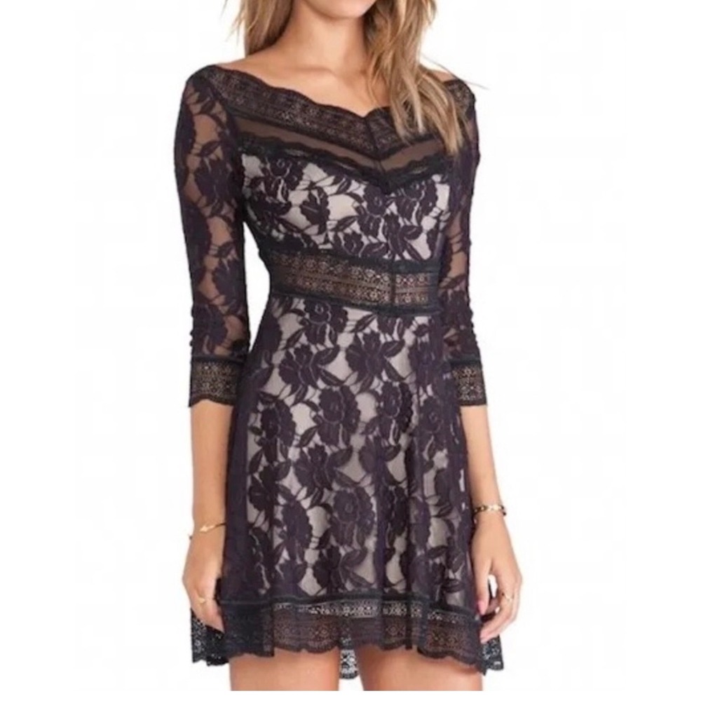 Free People Floral Lace Off Shoulder Mini Dress Navy Nude Size M